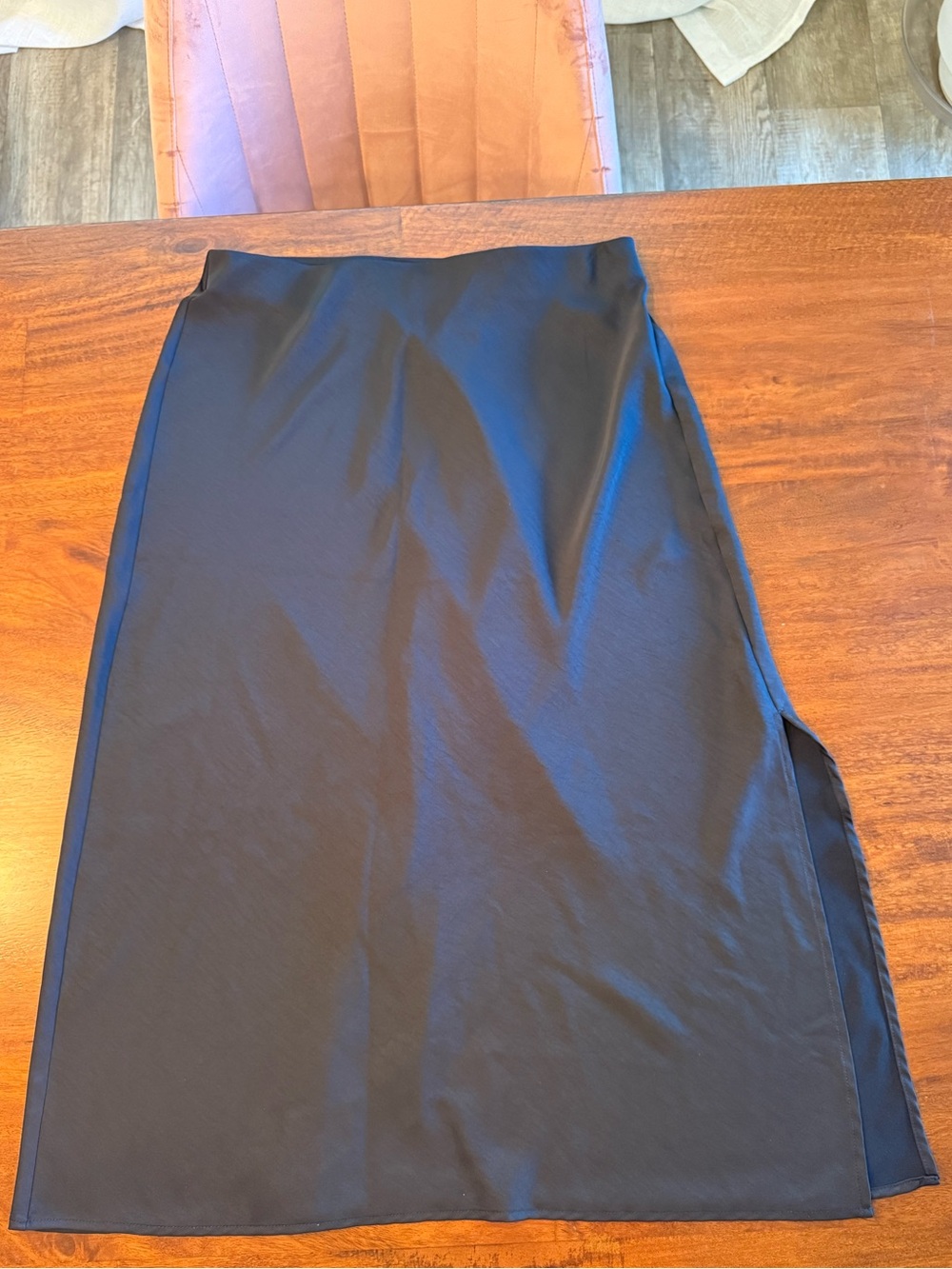 A New Day Black Satin Midi Skirt Side Slit Size M